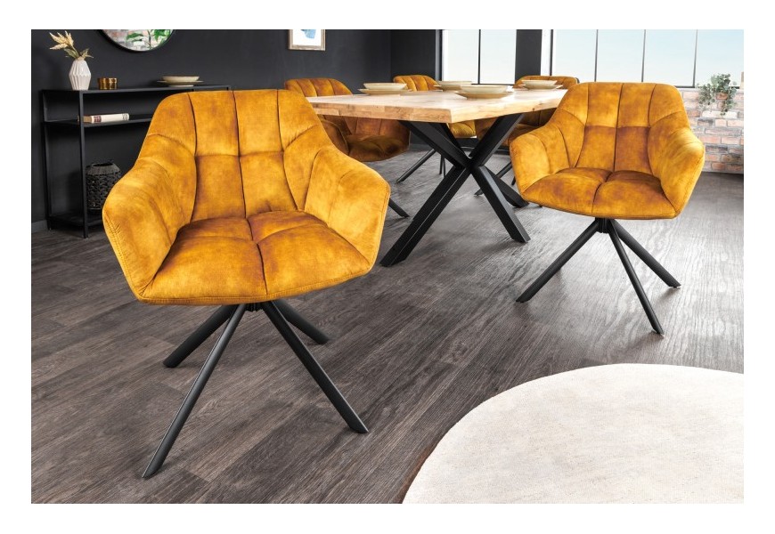 Dizajnová otočná jedálenská stolička Mariposa s horčicovožltým čalúnením a čiernymi nohami z kovu 83cm