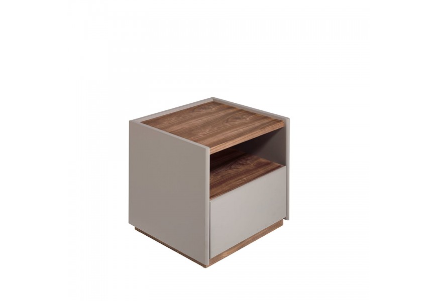 Moderní elegantní noční stolek Forma Moderna s béžovým povrchem jednou zásuvkou a vrchní deskou z ořechového dřeva