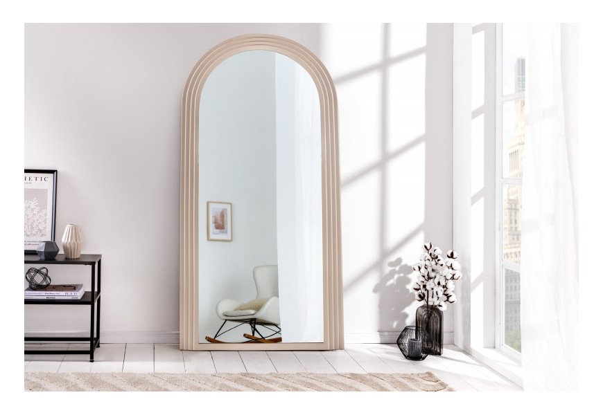 Art deco designové zrcadlo Swan obloukového tvaru s béžovým kaskádovým rámem 160cm