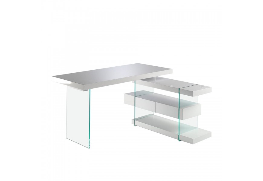 Luxusní bílý pracovní stůl Forma Moderna v moderním provedení s nožičkami z tvrzeného skla a boční zásuvkou