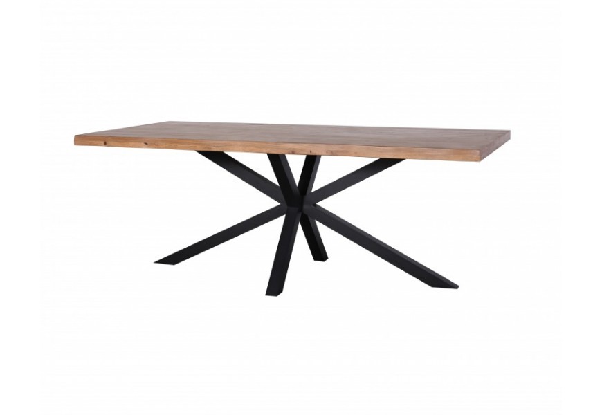 Masivní industriální jídelní stůl Comedor na černé konstrukci ve tvaru hvězdy s obdélníkovou deskou z dubového dřeva v přírodní hnědé barvě
