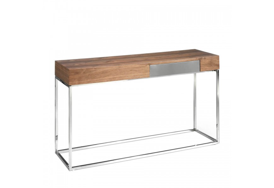 Luxusní hnědý konzolový stolek Forma Moderna z dýhovaného dřeva s chromovými nožičkami a šuplíkem