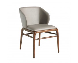 Moderní jídelní židle Forma Moderna s koženým čalouněním v šedé barvě s hnědými masivními nožičkami
