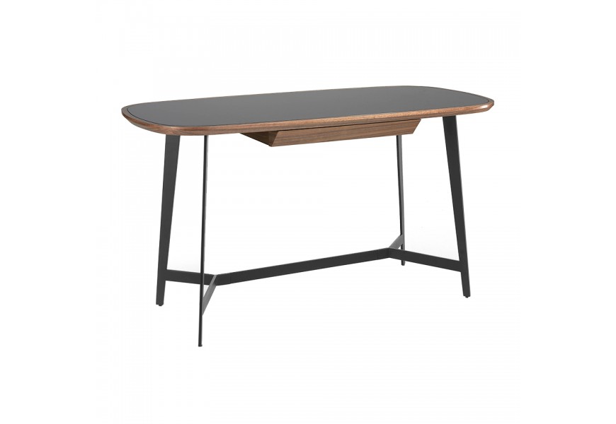 Moderní pracovní stůl Forma Moderna s černou skleněnou deskou a černými kovovými nožičkami v industriálním stylu