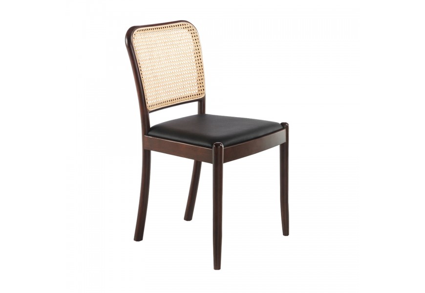 Masivní hnědá jídelní židle Forma Moderna s ratanovou opěrkou a černým eko-koženým sedákem