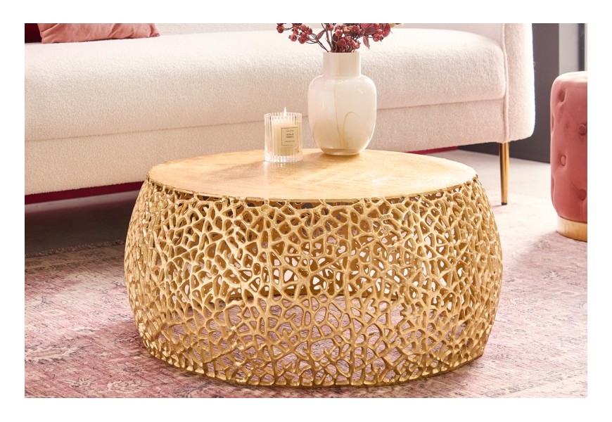 Designový kulatý konferenční stolek Hoja s kovovou konstrukcí zlaté barvy 75cm