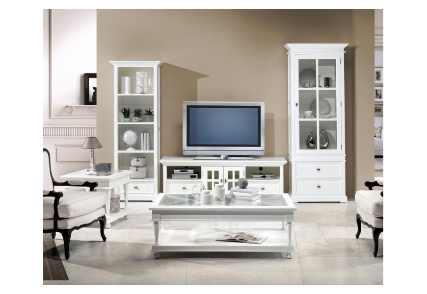 Bílá luxusní rustikální obývací sestava Belliene v masivním provedení s ručně vyřezávaným dekorem a kovovými úchyty