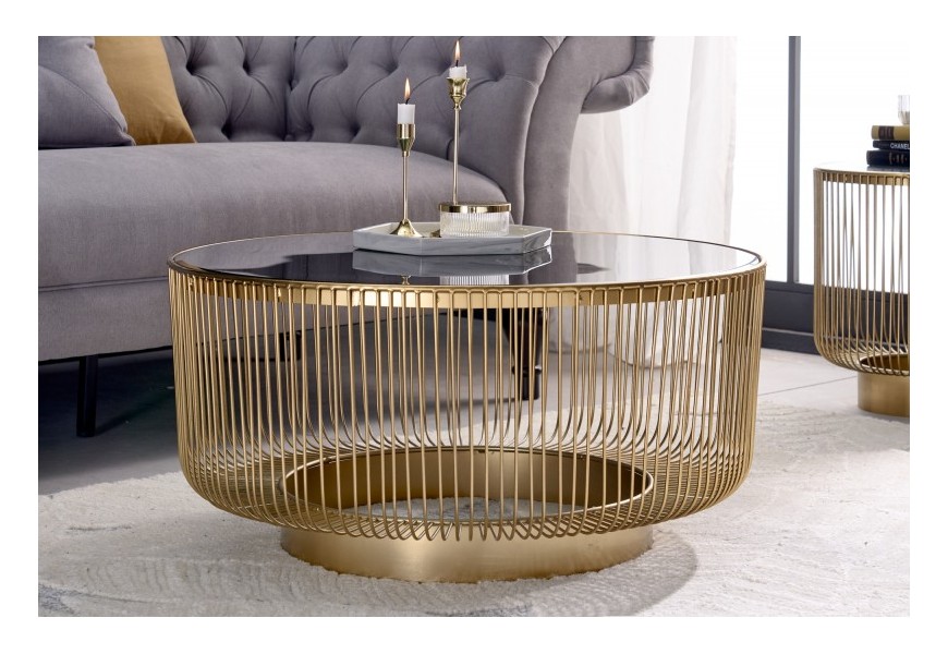 Art deco kulatý konferenční stolek Esme se zlatou kovovou konstrukcí a černou skleněnou deskou 80cm