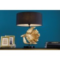Designová stolní lampa Sidoria se zlatou podstavou ve tvaru ryby s černým kulatým stínítkem