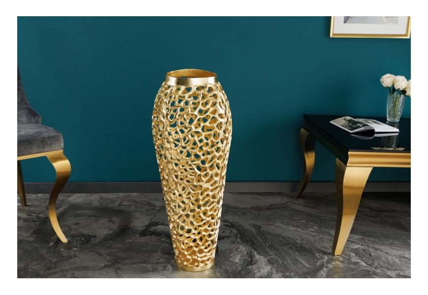Stylová zlatá váza Hoja kulatých tvarů s kovovou konstrukcí v art deco stylu