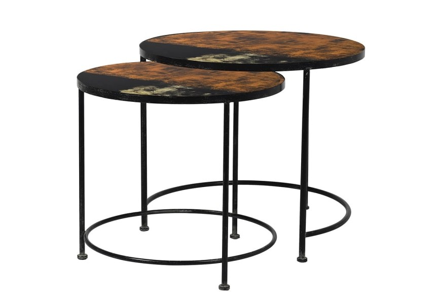 Designový set dvou kulatých konferenčních stolků Madeira z kovu a skla s výraznou patinou