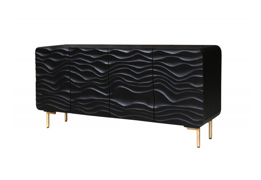 Moderní komoda Lagoon z černého mangového dřeva s ručně vyrobeným vzorem vln
