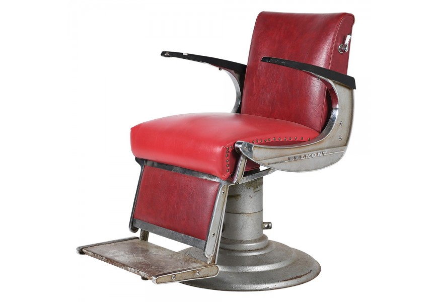 Vintage kožené barber křeslo Rebell v červené barvě s kovovou konstrukcí s nastavitelným sezením 92cm