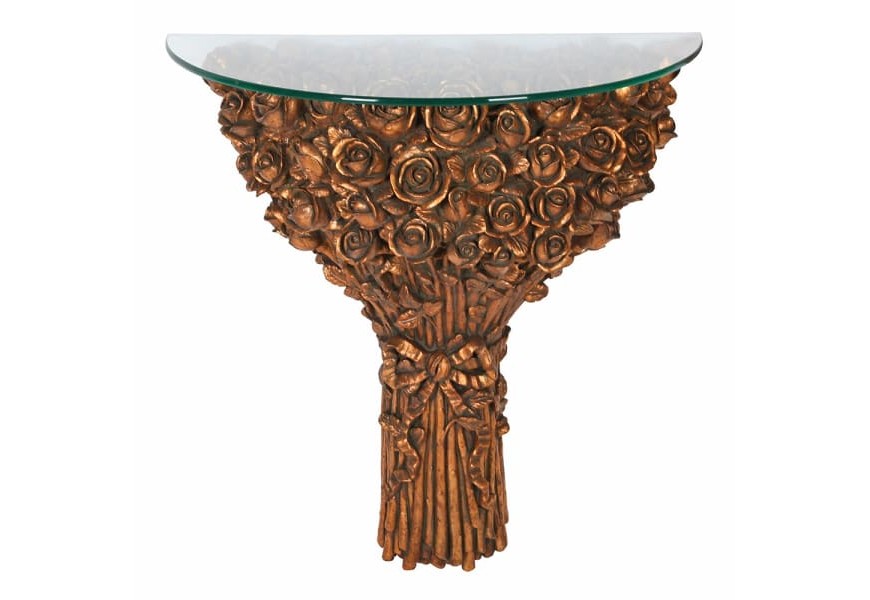 Exkluzivní konzolový stolek Rosalie s ozdobnou měděnou podstavou a polobloukovou deskou ze skla 78cm