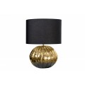 Glamour stolní lampa Ředěse v orientálním stylu z kovu ve zlatém provedení s tepaným podstavcem kulatého tvaru a kulatým stínítkem z černé textilie