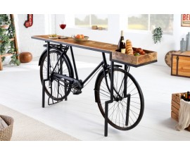 Industriální designový barový pult Bicycle s masivní deskou a černou podstavou s koly 194cm