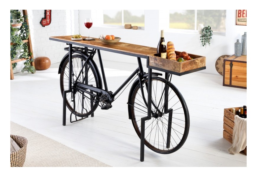 Designový industriální barový pult Bicycle s černou kovovou podstavou ve tvaru kola as hnědou masivní deskou