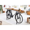 Designový industriální barový pult Bicycle s černou kovovou podstavou ve tvaru kola as hnědou masivní deskou