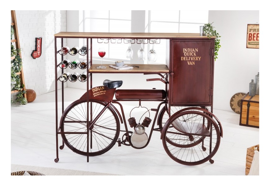 Designový barový pult Tricycle z kovu a dřeva v podobě kola s úložným prostorem