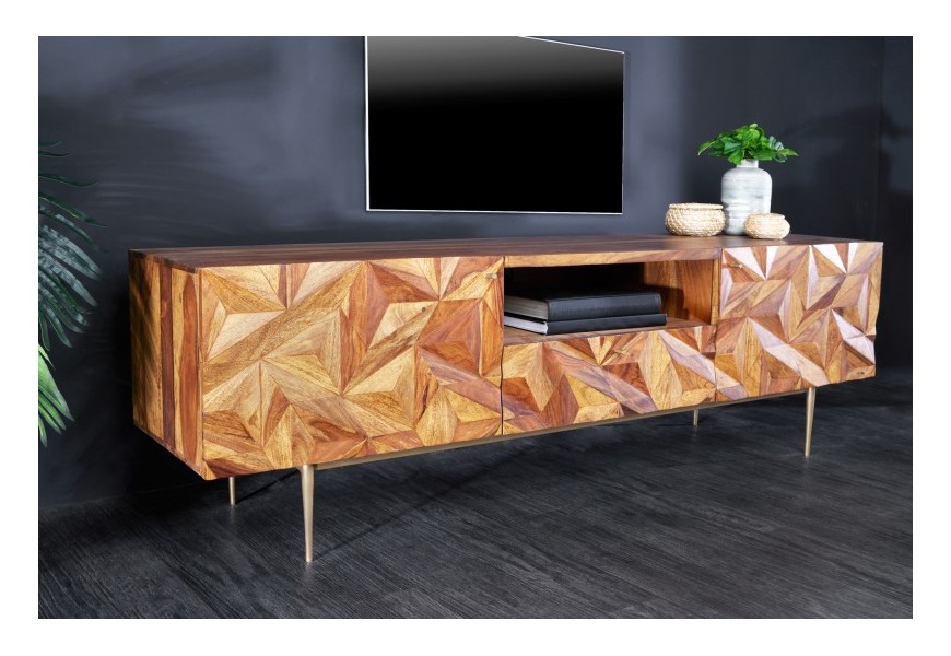 Masivní TV stolek Sovoy v art deco stylu z palisandrového dřeva s přírodním vzorem a se zlatými nožičkami