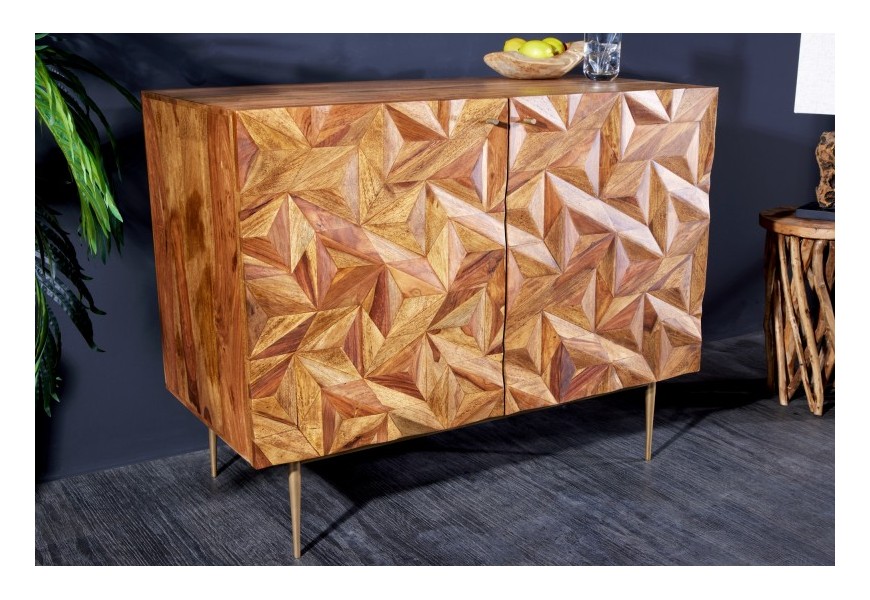 Art deco designová barová skříňka Sovoy z masivního dřeva sheesham s poličkami, dvířky a zlatými nožičkami z kovu