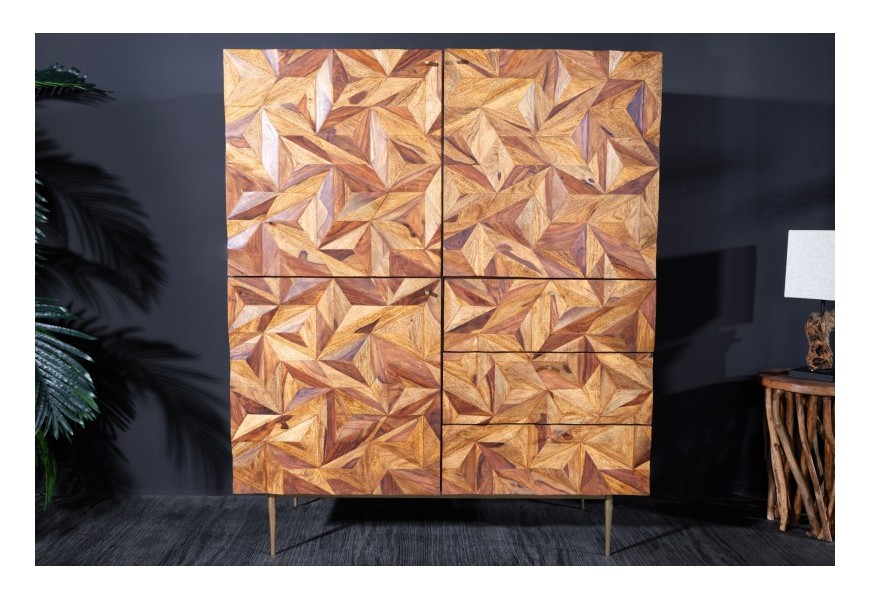 Masivní art deco skříňka Sovoy v přírodním hnědém provedení se zlatými kovovými nožičkami
