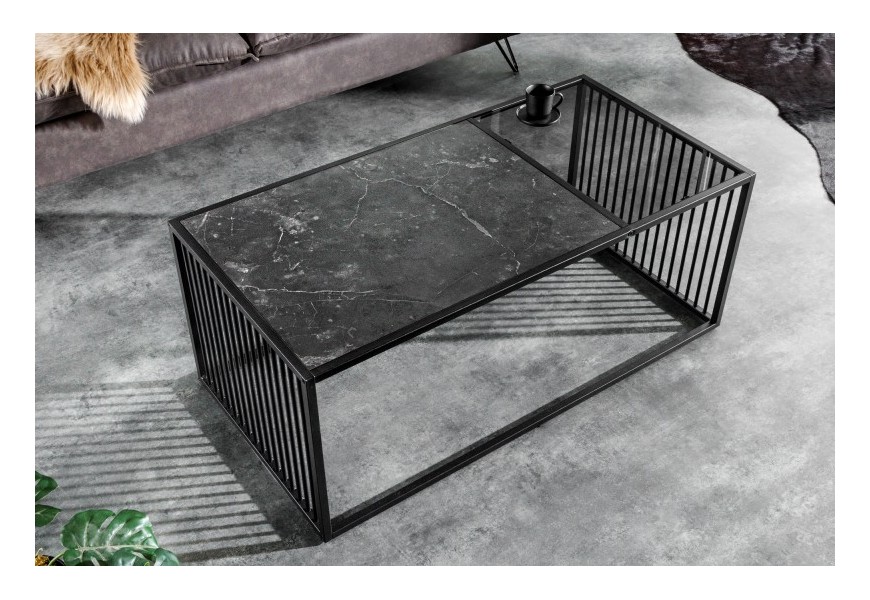 Designový industriální konferenční stolek Westford v černém provedení z kovu s mramorovou deskou
