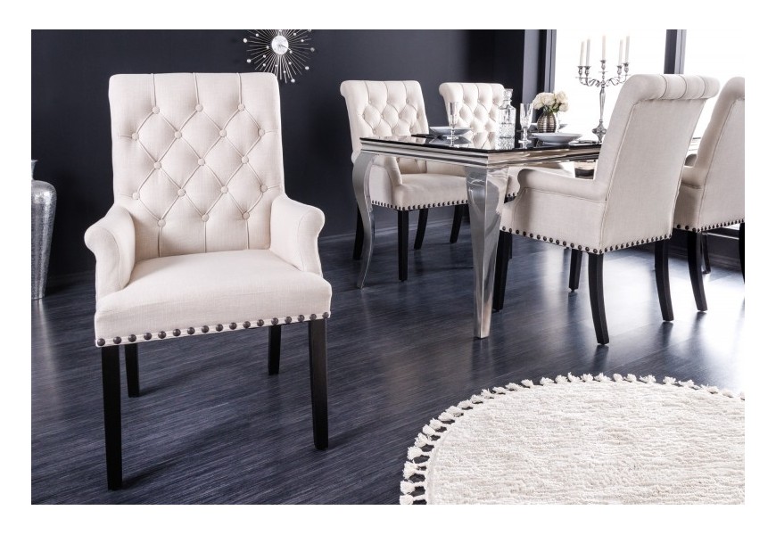 Designov&aacute; j&iacute;deln&iacute; židle Modern Barock se světl&yacute;m b&eacute;žov&yacute;m pro&scaron;&iacute;van&yacute;m čalouněn&iacute;m a čern&yacute;ma nohama 102cm