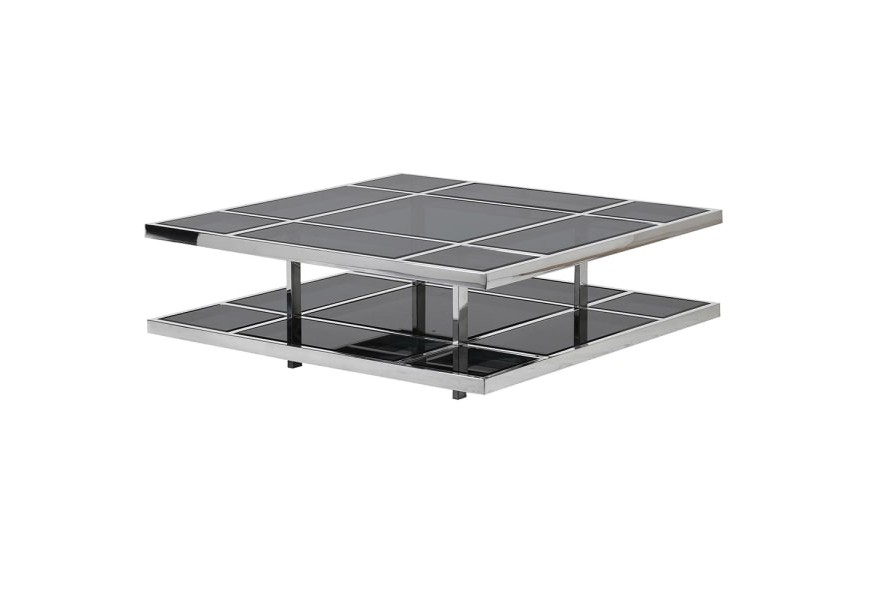 Moderní chromový konferenční stolek Anesi s kovovou stříbrnou konstrukcí a deskou s výplní z tmavého skla