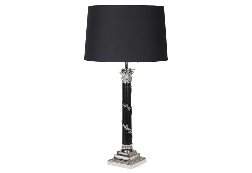 Elegantní stolní lampa Helion v černo-stříbrném provedení s ozdobnou kovovou podstavou a kulatým stínítkem