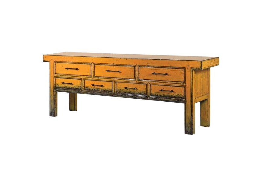 Luxusní orientální konzolový stolek Kolorida žluté barvy s vintage patinou a se sedmi zásuvkami z masivního dřeva