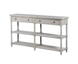 Elegantní dřevěný konzolový stolek Celene ve venkovském stylu šedé off white barvy se zásuvkami a poličkami