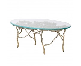 Designový art deco konferenční stolek Lilypad se zlatou podstavou z kovu a oválnou skleněnou deskou 120cm