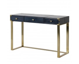 Luxusní kožený psací stůl Ursula modré barvy se zlatou kovovou konstrukcí 118cm