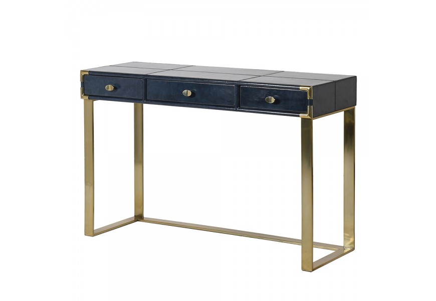 Luxusní kožený psací stůl Ursula v tmavě modrém provedení se třemi zásuvkami a kovovou zlatou konstrukcí
