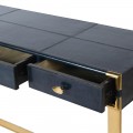 Luxusní kožený psací stůl Ursula modré barvy se zlatou kovovou konstrukcí 118cm