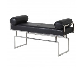 Luxusní art deco lavice Ursula s černým potahem z pravé kůže a stříbrnou chromovou konstrukcí 122 cm