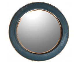 Designové art deco nástěnné zrcadlo Estee s kovovým kulatým rámem modré barvy se zlatým zdobením 88cm