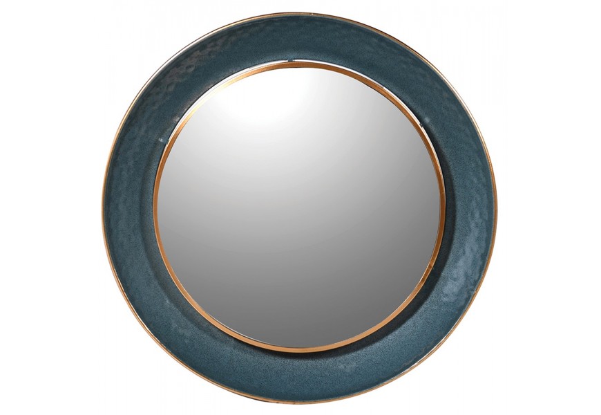 Art deco kulaté nástěnné zrcadlo Estee v modrém provedení se zlatým zdobením