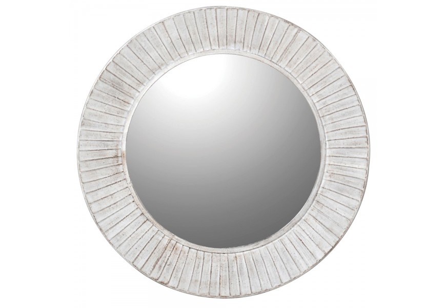 Stylové vintage závěsné zrcadlo Peyton s kulatým rámem bílé barvy s reliéfním zdobením