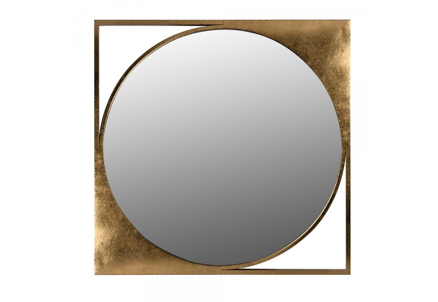 Art-deco kruhové zrcadlo Kvadrok se čtvercovým rámem se zlatou barvou 81cm