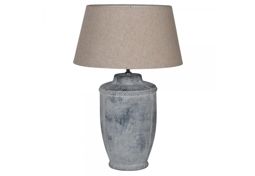 Designová antická stolní lampa Euridice s šedým podstavcem s patinou a béžovým lněným stínítkem