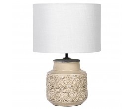 Vintage nočná lampa Erina s keramickou ozdobnou podstavou béžovej farby a s bielym okrúhlým tienidom z ľanu