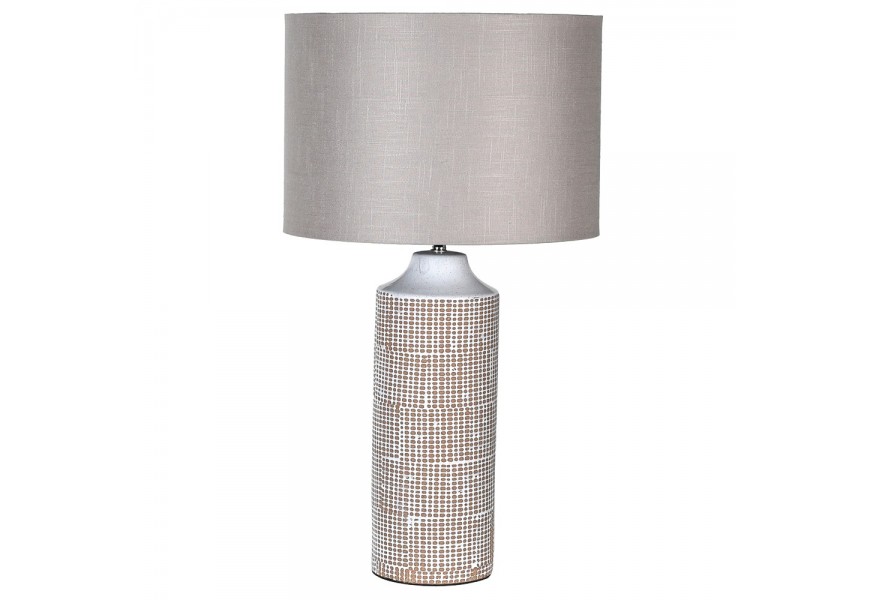 Dizajnová nočná lampa Ima s keramickou ozdobnou podstavou a okrúhlým béžovým tienidlom 68cm