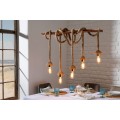 Designová koloniální závěsná lampa Halvor ze dřeva a přírodního provazu hnědé barvy s pěti žárovkami