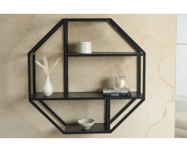 Industriální designová nástěnná polička Industria Negra v černém provedení osmiúhelníkového tvaru ze dřeva a kovu 75cm