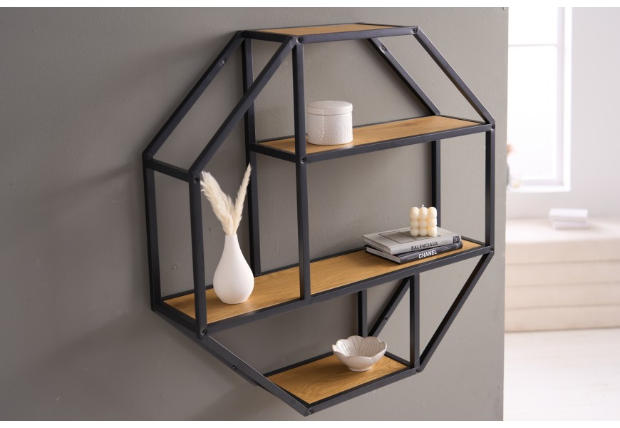 Designová industriální nástěnná polička Industria Natura hnědo-černé barvy s kovovou osmiúhelníkovou konstrukcí a dřevěnými poličkami