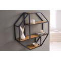 Designová industriální nástěnná polička Industria Natura hnědo-černé barvy s kovovou osmiúhelníkovou konstrukcí a dřevěnými poličkami