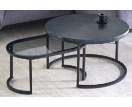 Designový set dvou industriálních konferenčních stolků v černém provedení Nadja z kovu, dřeva a skla