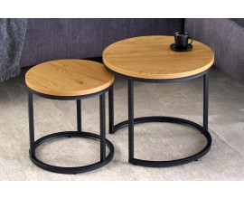 Set dvou designových kulatých konferenčních stolků Nadjá v industriálním stylu z kovu a dřeva